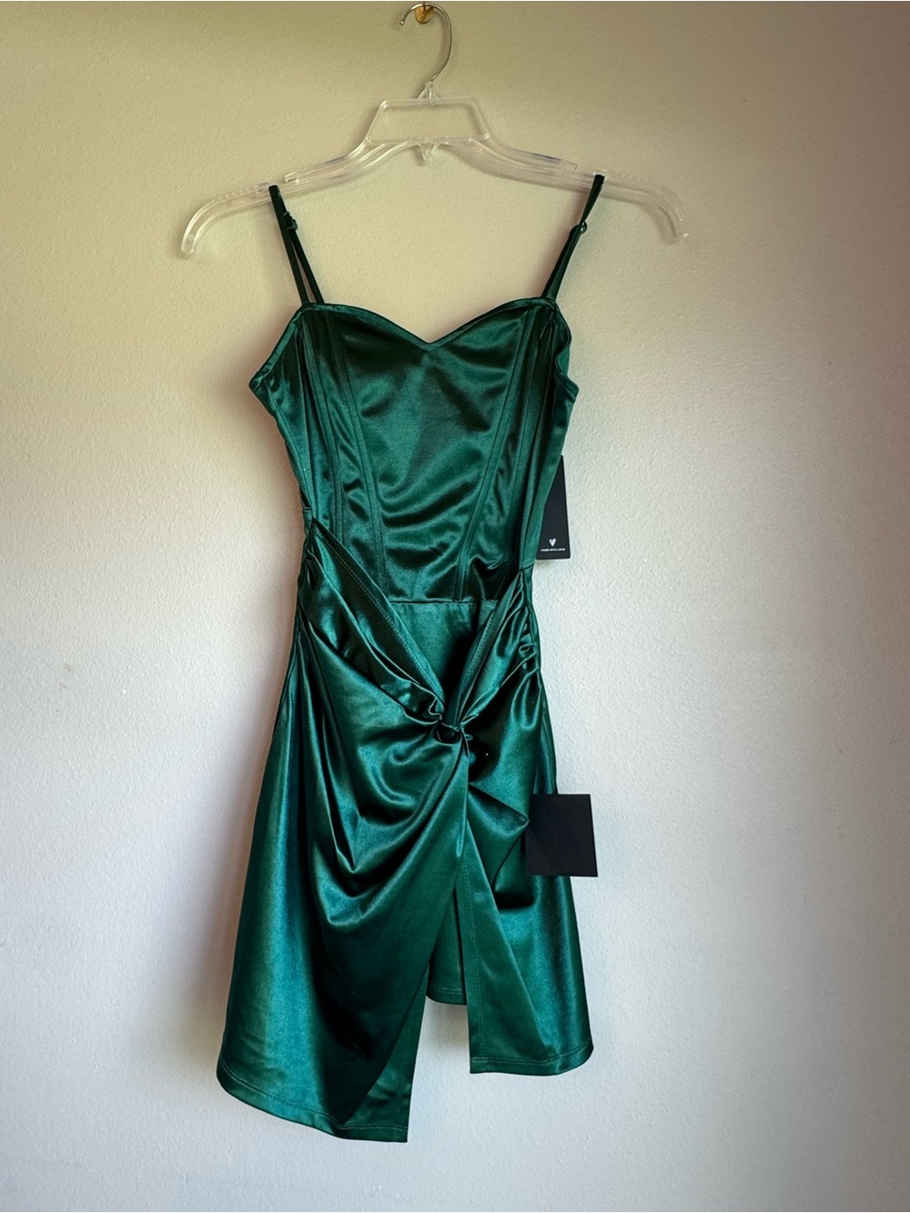 Lulu's Emerald Green Satin Twist-Front Mini Dress